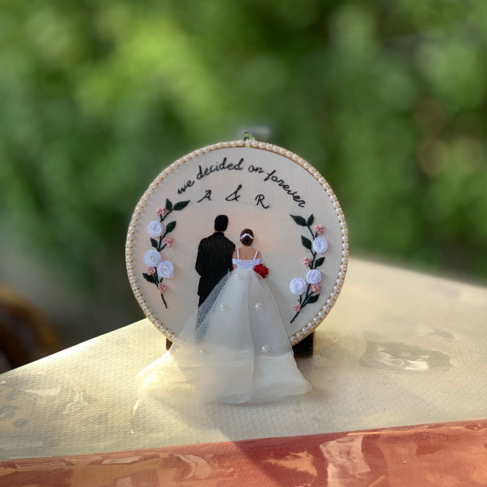 Wedding embroidery hoop with veil