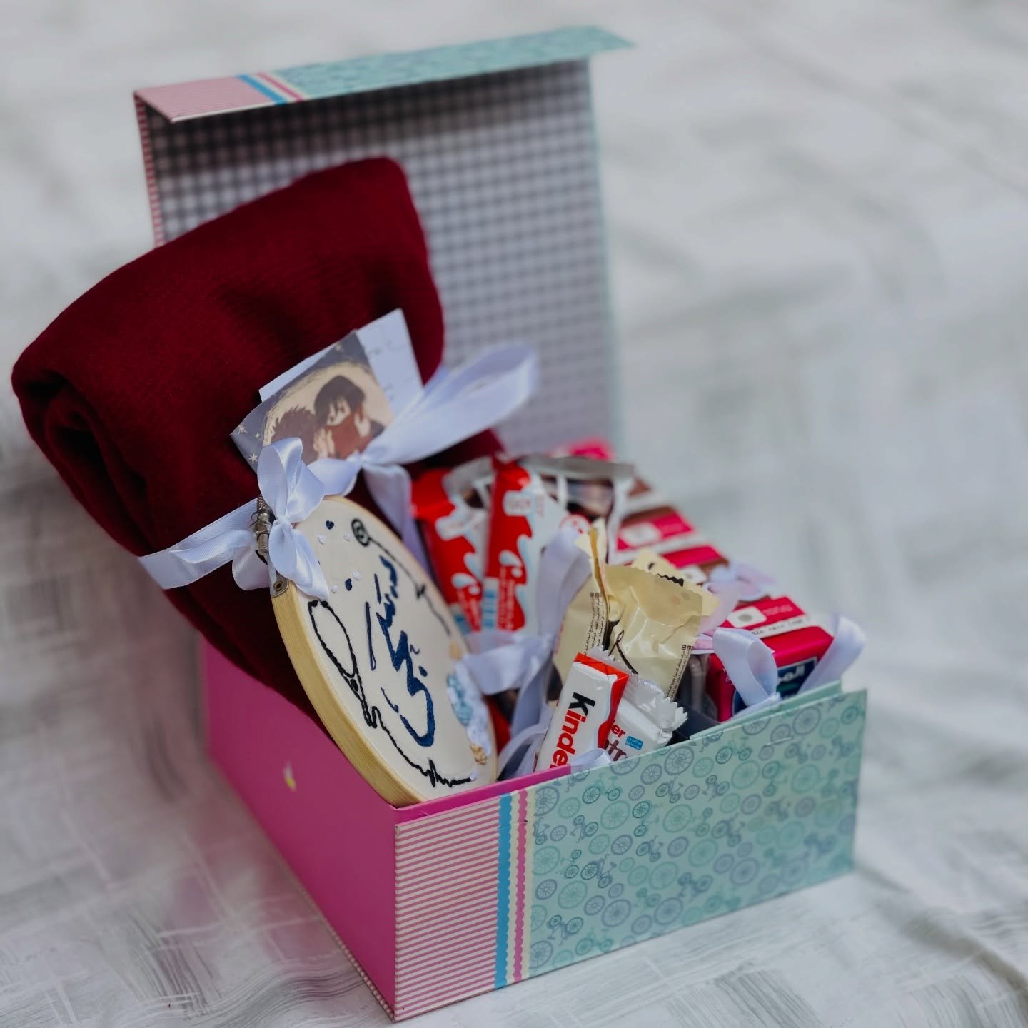 Pink gift box with embroidery hoop